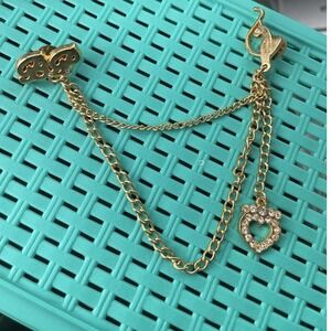 Vintage Gold Tone Heart Swan Rhinestone Double Pin Sweater Guard Cardigan‎ Clip